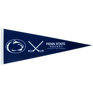 navy pennant with Athletic Logo, sticks, Penn State Hockey, Pegula Ice Arena